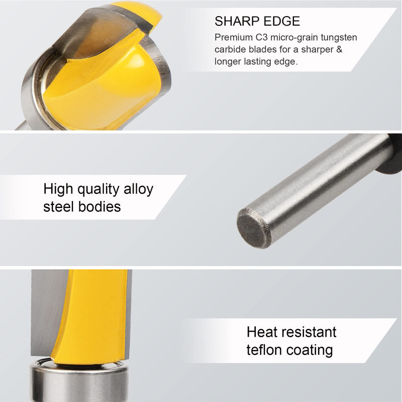 Exqutoo 4Pcs 1/4" Shank Carbide Round Nose Groove Router Bit Set Template Router planing Head Set with Ball Bearing Engraving Router planing Head Wood Cutter Woodworking Tools Carving Cutting Tool 3.94 x 3.35 x 1.18 inches/4Pcs