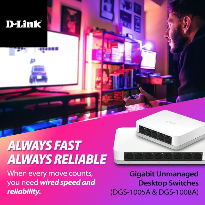 D-Link 8 Port Gigabit Ethernet Unmanaged Network Switch, Plug and Play, Ethernet Splitter, Fanless, Traffic Optimization, Unmanaged (DGS-1008A)