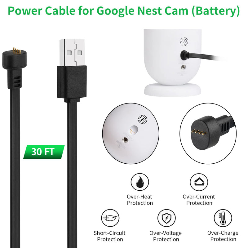 2Pack Power Cable Compatible with Google Nest Cam Outdoor or Indoor, Battery, 30Ft/9.1m Weatherproof Outdoor Cable Continuously Charging Your Nest Camera (Black) Black