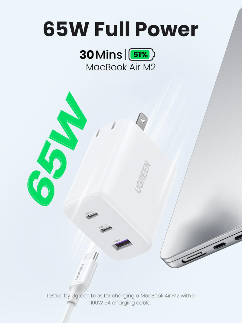UGREEN 65W USB C Charger, 3 Ports Compact Foldable Fast Wall Charger Block, USB C Power Adapter for MacBook Pro/Air, iPhone 16/15/14, iPad Pro, Dell XPS, Steam Deck, Galaxy S24, Pixel 8/7