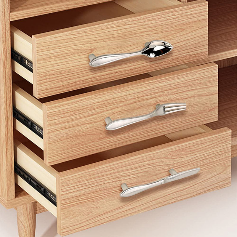 CENDGOOD Cabinet Door Pulls Tableware Handles Spoon Knife Fork Shape Kitchen Cupboard Dresser Closet Drawer Hole Center 3" Silver Pack of 15