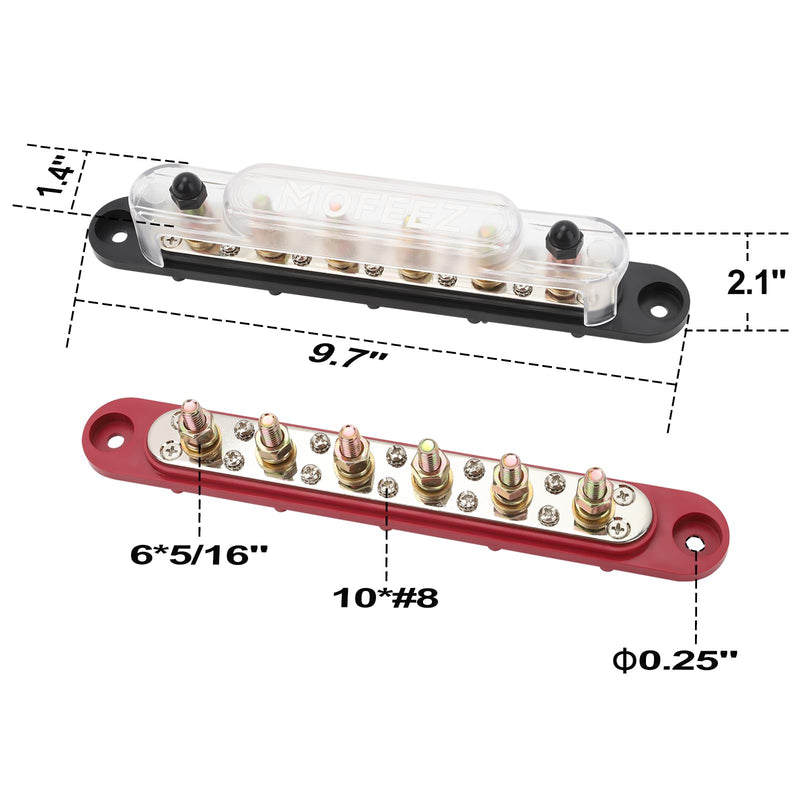 MOFEEZ Power Distribution Block Bus Bar, 6 x 5/16" Posts, 10 x #8 Screws Terminals, Max 48V 250A (Pair, Red & Black) 6*5/16"