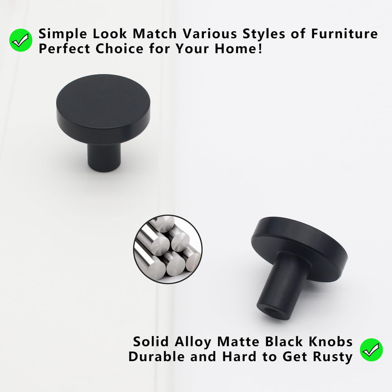 20 Pack Matte Black Kitchen Cabinet Knobs, Solid Dresser Knobs Drawer Handles for Cabinets, Single Hole Black Knob for Cabinets and Drawers Hardware Round 20 Pack