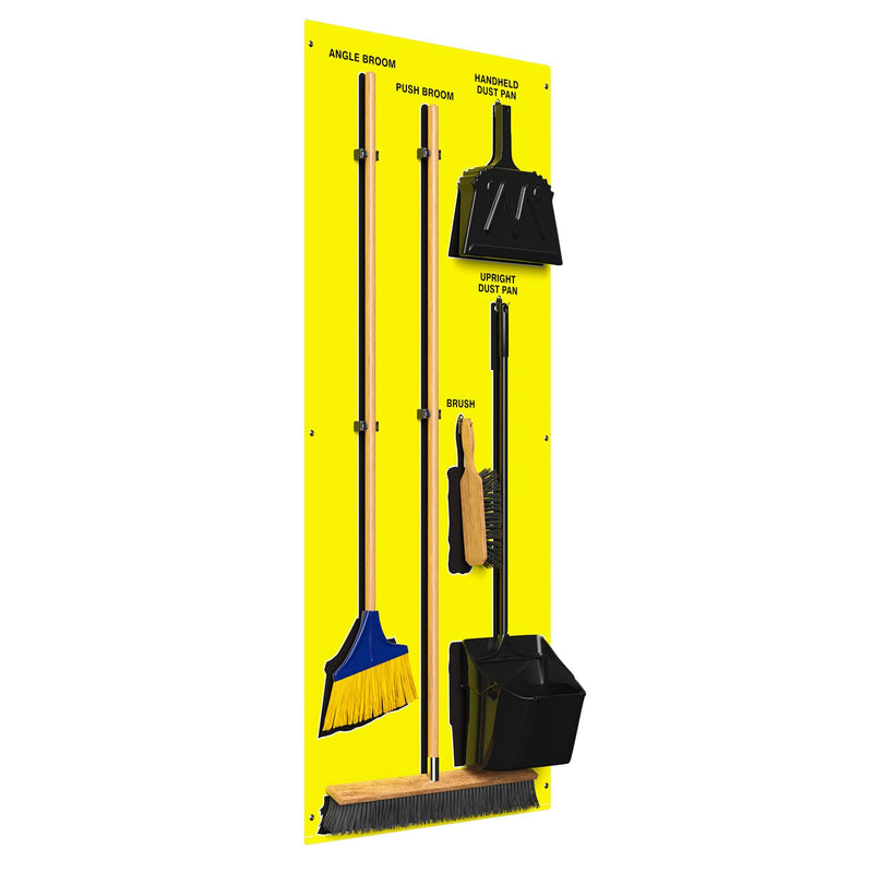 Clean & Sweep 5S Shadow Board/Wall Mount Broom Holder, 68" x 30" Board, 5S Cleaning Station - with Broom and Dustpan Set Included, Made in The USA by AccuformNMC, Yellow/Black, PSB616YLBK Max-Duty Aluminum