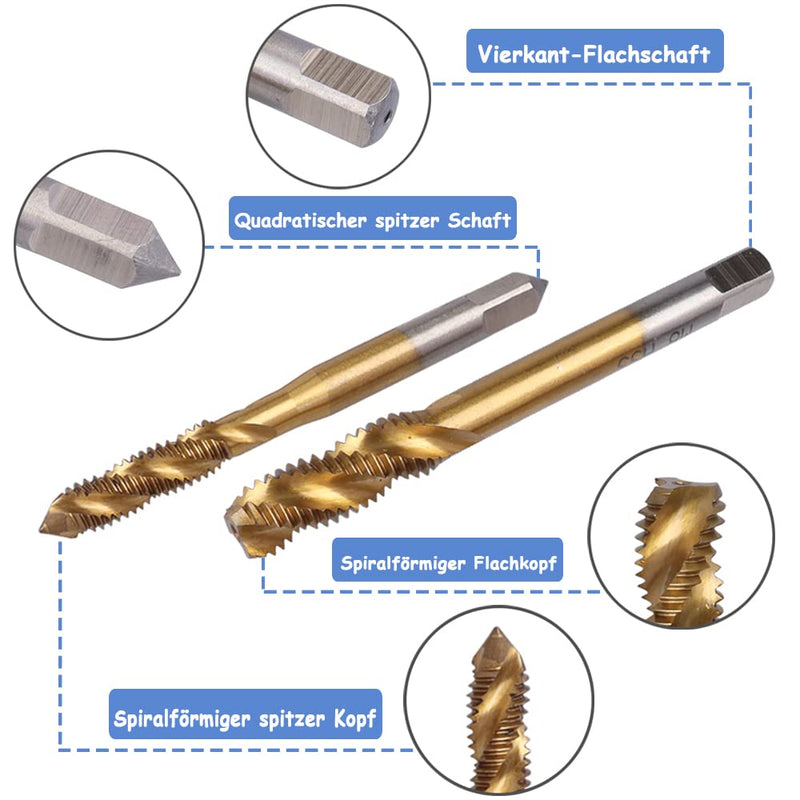 Mesee 9 pieces spiral tap, HSS titanium coated tap, spiral groove drill machine tap set, metric thread steel tap set tools - M2 M2.5 M3 M4 M5 M6 M8 M10 M12