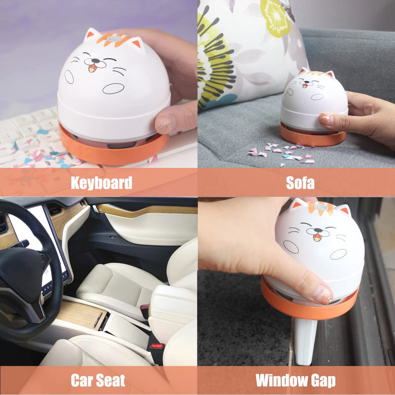 Mini Desktop Vacuum Cleaner, Portable USB Vacuum Cleaner for Desk Mini Cute Cartoon Desktop Vacuum for Cleaning Eraser Crumbs, Dust, Crumbs, Computer, Keyboard and Car (White Orange) White Orange