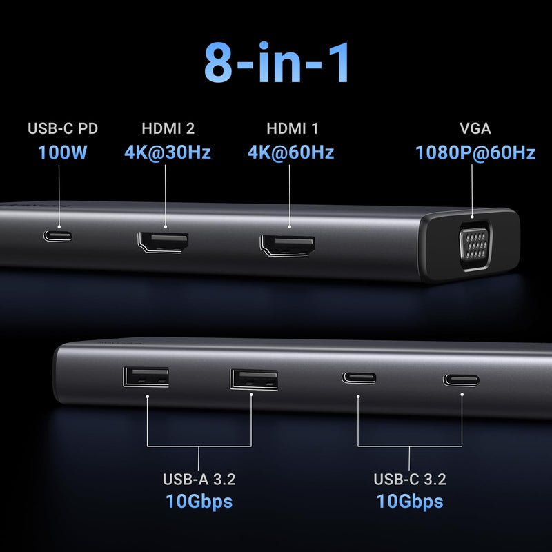 UGREEN Revodok 8 in 1 USB C Hub Triple Display Docking Station Dual HDMI, VGA, 10Gbps USB C& A Data Port USB C Dock Compatible for ZenBook, ThinkPad and More