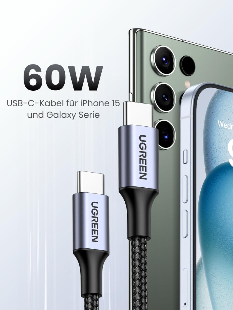 UGREEN USB C to USB C cable 60W PD 3.0, PPS USB-C charging cable compatible with iPhone 15 Pro Max Galaxy S24 S23 S22 A54 A34 A14 MacBook Air M2 iPad Pro 12.9 iPad Air 5/Mini 6, Pixel 7 Pro etc. (1M) 1.0 meters