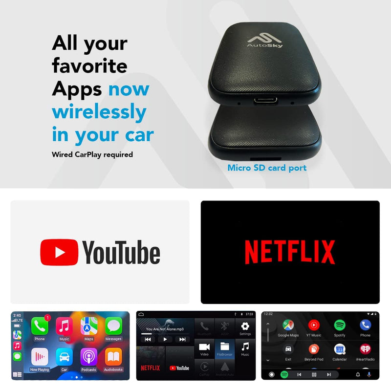 AutoSky Wireless CarPlay and Android Auto AI Box Lite for Factory Wired CarPlay Cars - Supports Netflix and YouTube - Go Wireless CarPlay and Android Auto. Wired CarPlay Required