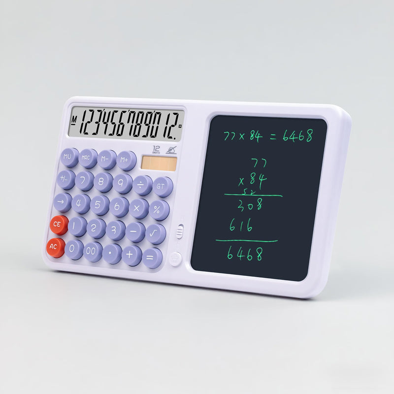 Dual Screen 12-Digit Desktop Calculator with Liquid Crystal Writing Tablet – Solar & Battery Powered Math Tool with Large Display for Office, Business & Study (White) White