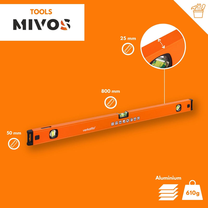MIVOS - Aluminum spirit level 80 cm with mirror function - 3 precise levels - spirit level with increased measuring accuracy and ergonomic aluminum profile 800 mm