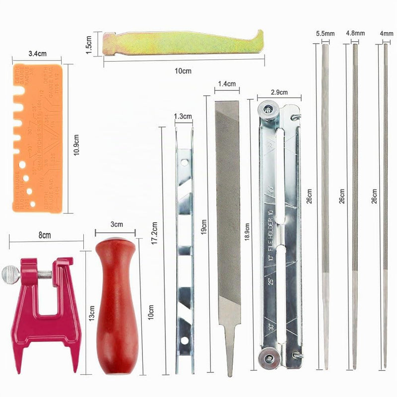 Chainsaw Sharpening Files Kit, Chainsaw Sharpener Files Set, Chainsaw Sharpener Includes Chainsaw Blunt, Round File, Sharpening Guides, Depth Gauge, Flat File, Wooden Handle, Lightweight Field Bag