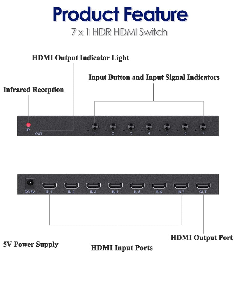 4K@60Hz 7 in 1 Out HDMI Switch, 4K HDMI 2.0 Switch with Remote Control, Support HDR & HDCP 2.2 & Full 3D for PS4 Xbox Apple TV Fire Stick Ideal for Home Theater and Office Use 4K@30Hz 7 in 1 Out HDMI Switch
