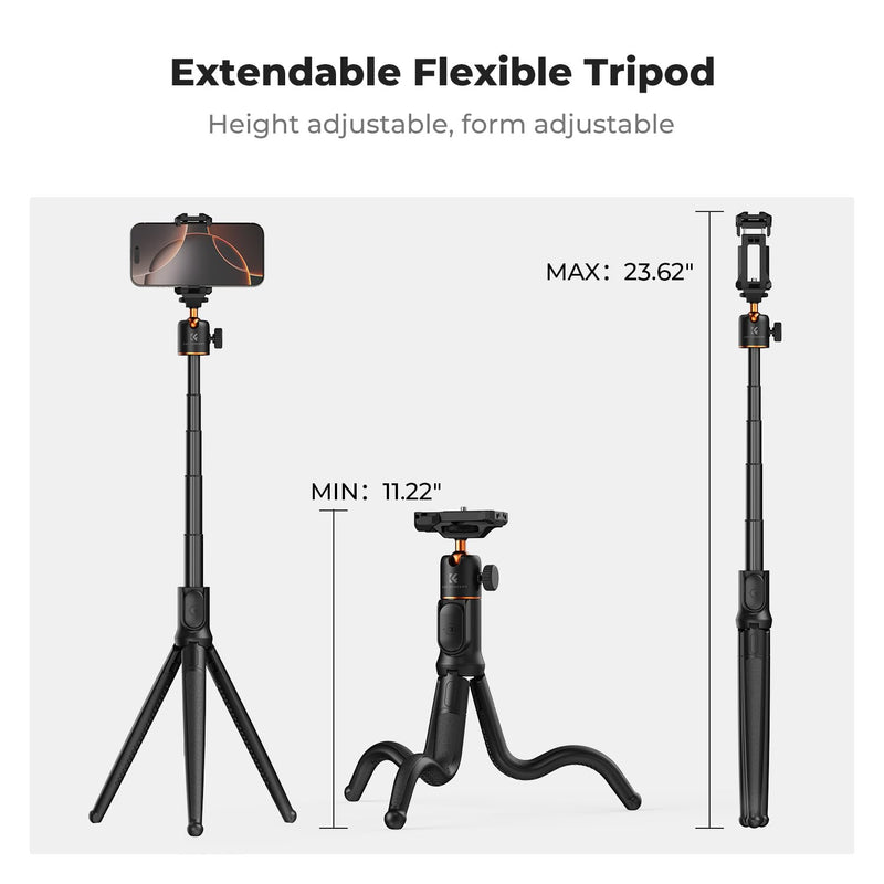 K&F CONCEPT Extendable Phone Tripod, Flexible Tripod with Remote, 3 in 1 Selfie Stick with Action Camera Adapter Flexible Legs Compatible with iPhone Samsung Canon Nikon Sony Cameras Action Camera.