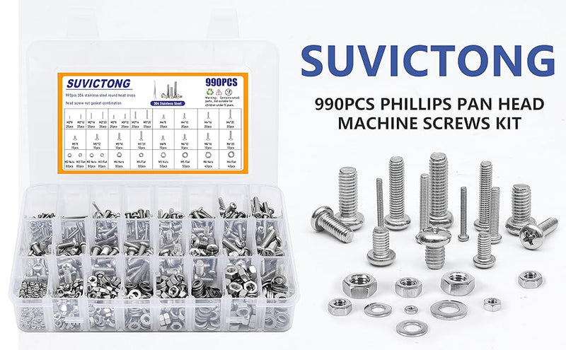 990Pcs Phillips Pan Head Machine Screws M2 M3 M4 M5 M6, Nuts and Bolts Assortment Kits, SUVICTONG Stainless Steel Metric Screws 8/12/16/20mm with Flat Washers and Tweezers Metric Kit-990pcs