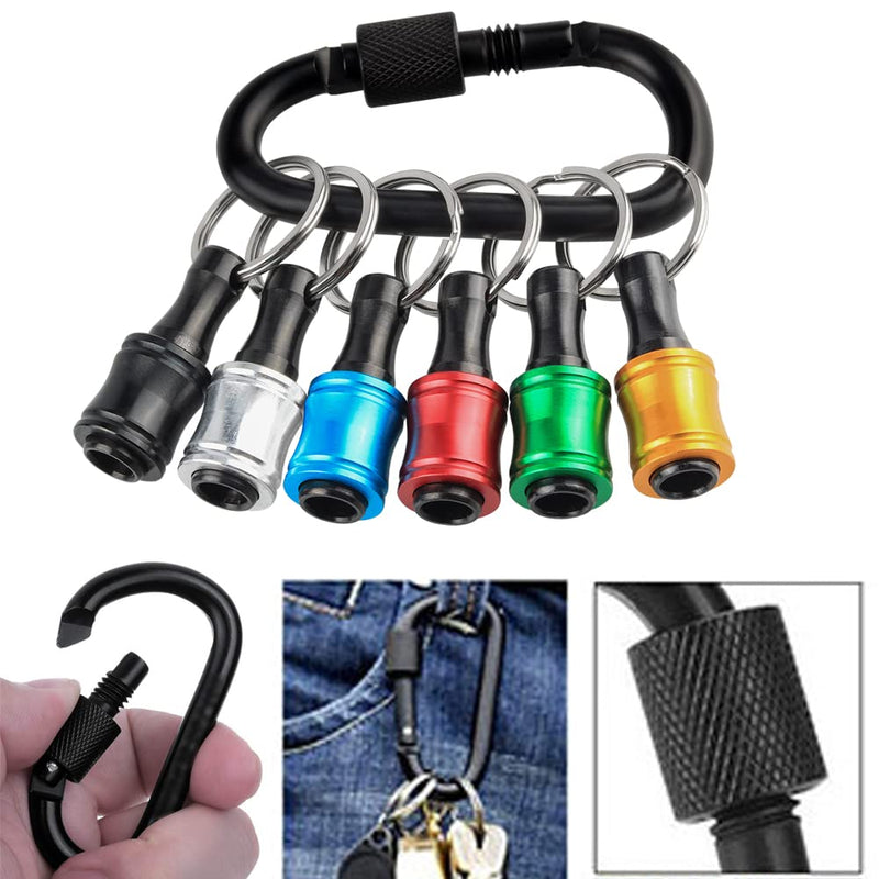 Bit Holder 1/4 Inch Hex Key Ring 6 Colours with Carabiner Pack of 6 | Aluminium alloy quick change, portable EDC, non-slip drill holder for outdoor screwdriver, mini tool