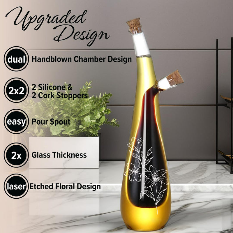 Oil and Vinegar Dispenser Bottle - Handblown Glass with Elegant Floral Etched Design - Premium Glass Salad Dressing Bottle - Olive Oil and Vinegar Dispenser Set - 12 oz