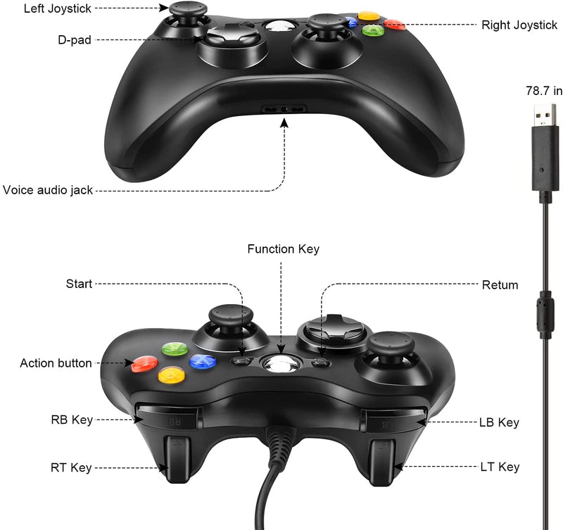 Xbox 360 Controller, USB Wired Gamepad Joystick with Improved Dual Vibration and Ergonomic Design for Microsoft Xbox 360 & Slim & PC Windows 7/8/10(Black)