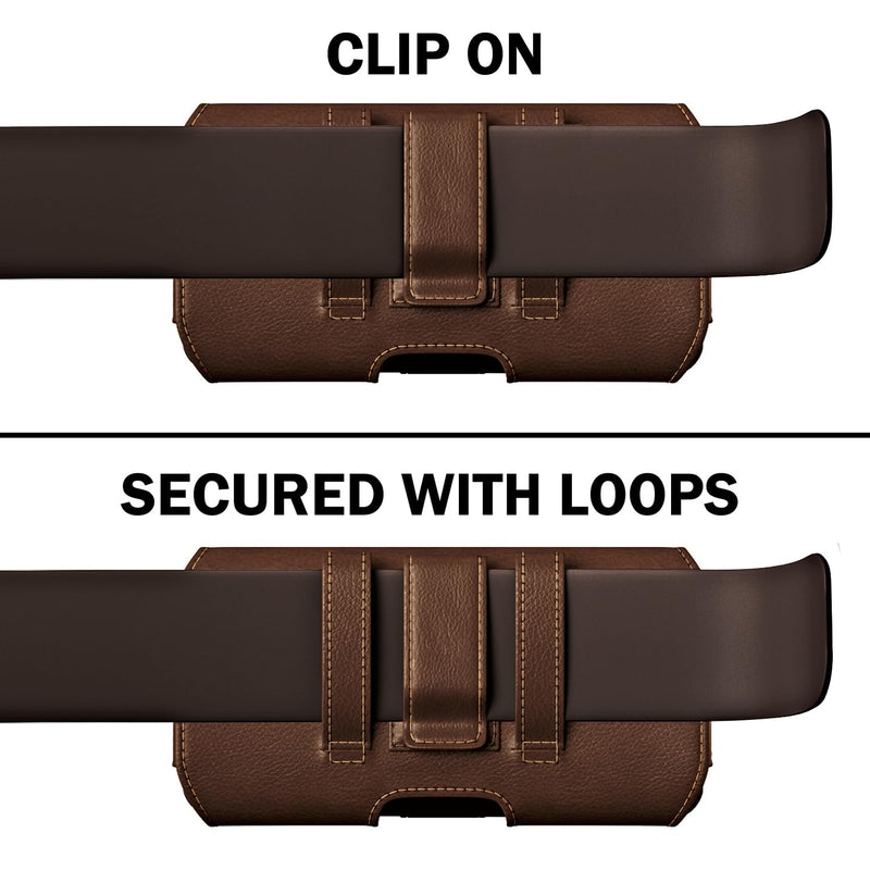 DeBin Holster for iPhone 15, 15 Pro 14, 14 Pro, 13 Pro, 13, 12, 11, XR, Galaxy S23 S22, S21, S20, S10, Google 7 Case with Belt Clip Cell Phone Belt Holder Pouch (Fits Phone with Otterbox Case) Brown