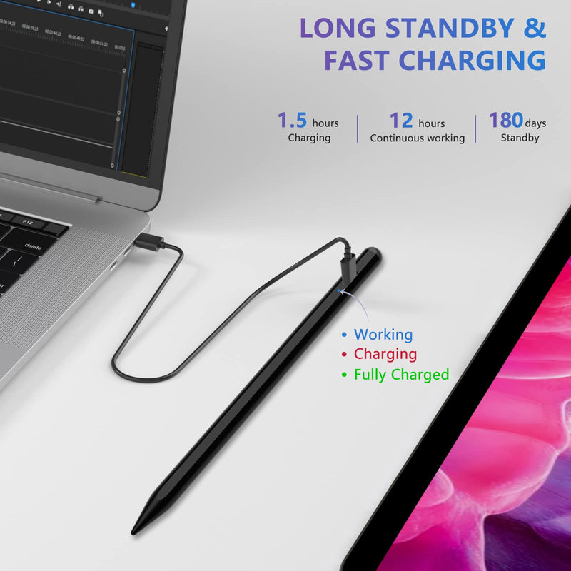 Stylus Pen for iOS&Android Touch Screens, Active Pencil for Samsung, Smart Digital Stylus Pens for Lenovo/Huawei/Vivo/Mi and Other Tablets, iPhone/Samsung/Google Pixel Smart Phones Drawing&Writing Black