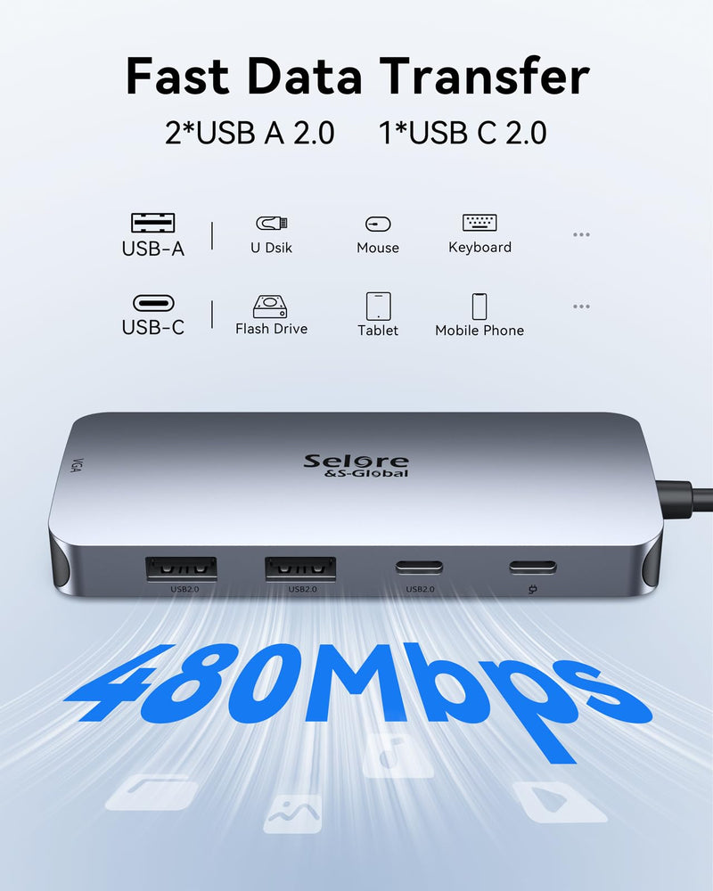 USB C Docking Station Dual Displayport Monitor, USB C Hub Displayport with 2 DP, HDMI, VGA, PD Charging, USB A&C 2.0 Ports Multi Monitors Adapter for Dell/HP/Lenovo, etc Dual DP