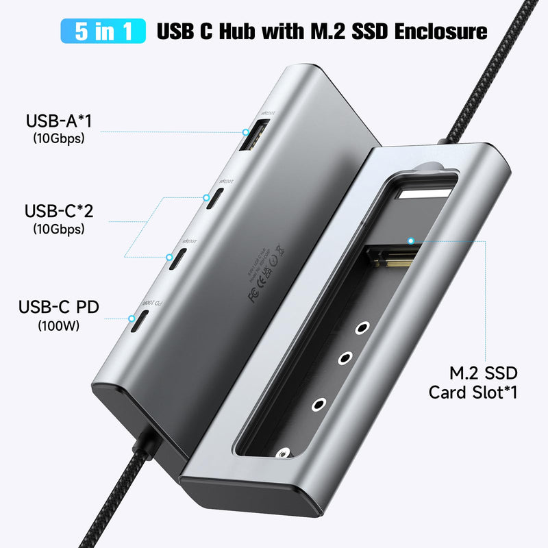 RSHTECH 5-in-1 USB C Hub with M.2 NVMe/SATA SSD Enclosure, 10Gbps USB Data Ports (1A + 2C) and 100W Power Delivery, Aluminum USB-C Dock Dongle for MacBook, Laptops and More RSH-D05P