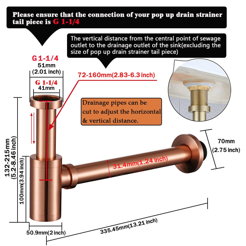 RANDOM Brass Contemporary Round Bottle P Trap 1 1/4 Basin Sink Waste Drain P Trap Kit, Copper Satin, Also Red Antique Copper（Brushed Rose Gold） Brushed Rose Gold