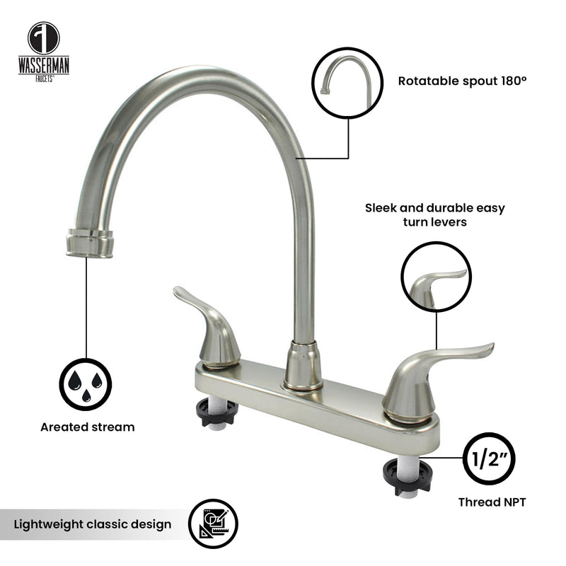 Wasserman 23073124 - Mobile Home RV Kitchen Sink Faucet High Spout Dual Lever Handle with Side Spray, High Arc, Deck Mount, Brushed Nickel, 8 inch on Center, for Campers, Motorhomes, Travel