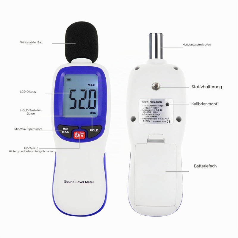 Sound Level Meter, Digital Sound Level Meter with Bluetooth Enabled Decibel Meter 30~130dBA Range MAX/MIN Data Hold with LCD Display and Backlight for Home, School Bluetooth sound level meter