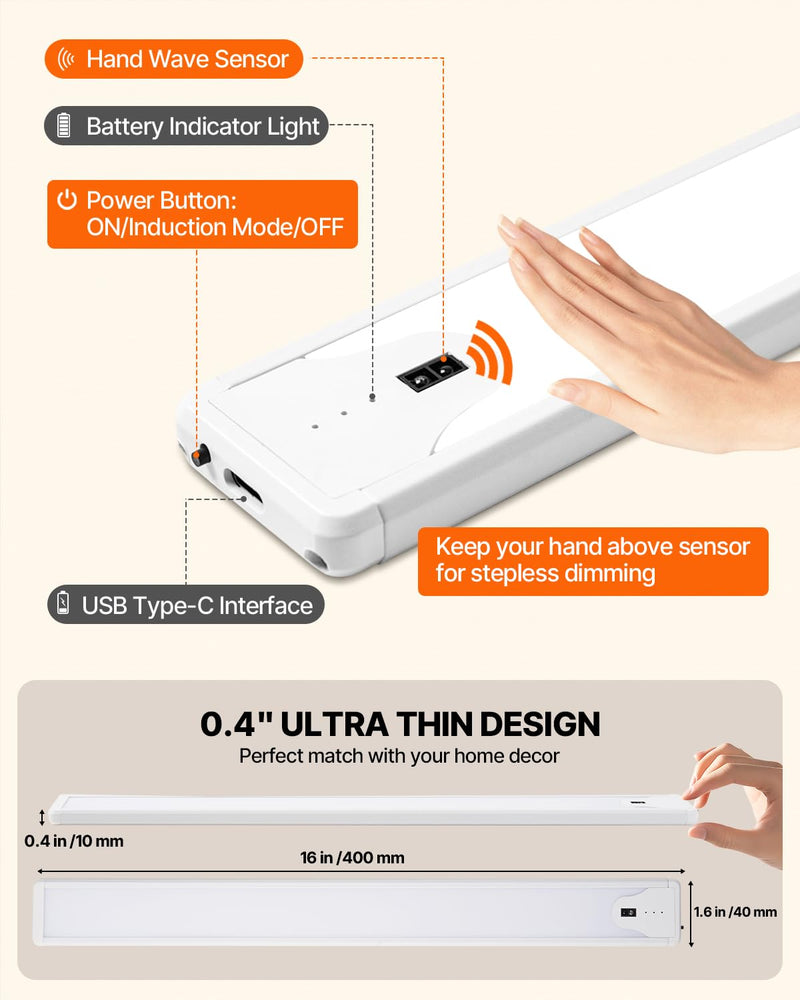 16 Inch Under Cabinet Light, Hand Wave Sensor 83 LED Indoor Cabinet Lighting, USB Rechargeable Cordless Closet Light, Stepless Dimming Under Counter Light for Kitchen, Shelves, Bedroom, 2 Pack 16 inch White Light-Hand Wave