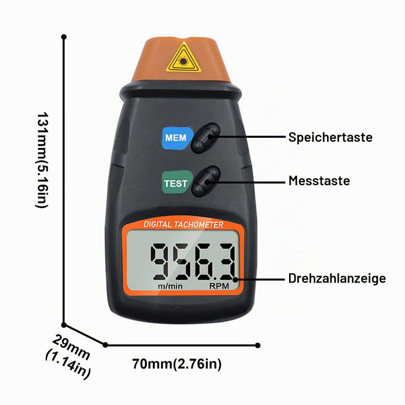 Mengshen Digital Tachometer Non-Contact Laser 2.5-99999RPM | Speedometer with reflective tape, speed meter, 9 V battery included
