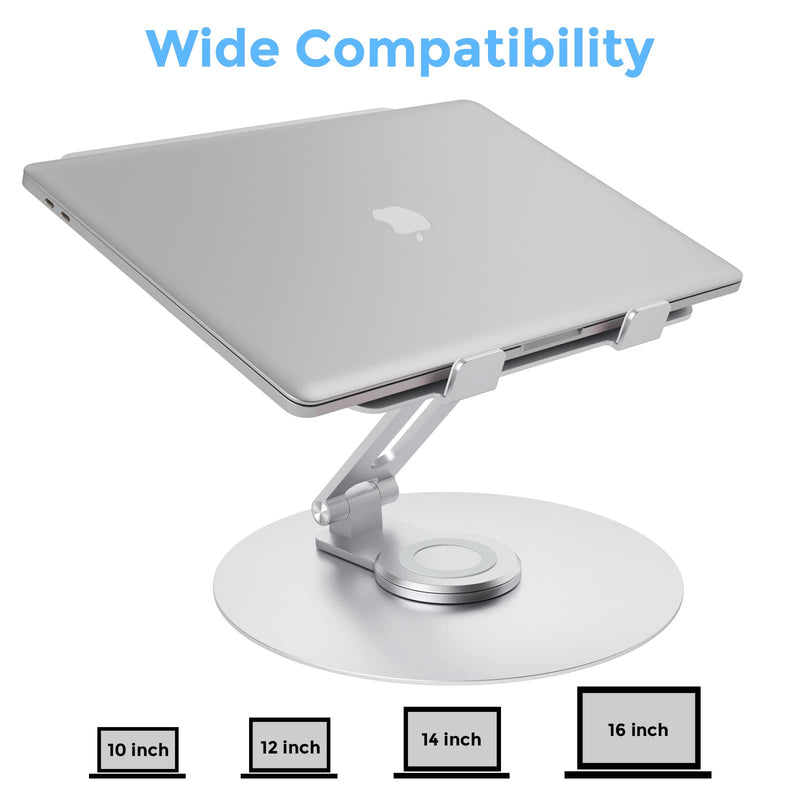 Swivel Laptop Stand for Desk, Adjustable Height Aluminum Computer Stand with 360 Rotating Base, Foldable Ergonomic Riser, Portable Laptop Holder Compatible with MacBook, All Laptops 10-17'', Chrome