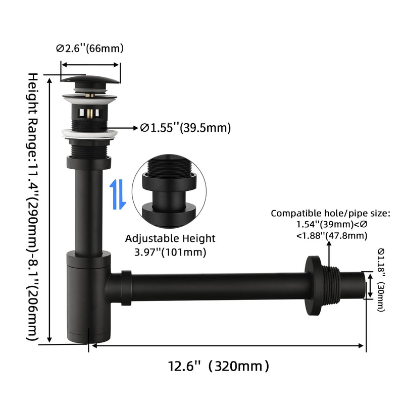 Bathroom Sink Stopper P-Trap Complete Set Adjustable Bottle Trap Solid Brass Sink Drain Kit Tube and Pop Up Drain Stopper Set with Overflow, Matte Black T02-Set w/ Overflow 02#matte Black