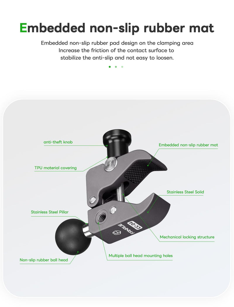 FANAUE CC-04F Anti-theft Handlebar Base Mount Strong Rod Clamp with 1 Inch Ball Head for Rails 0.5" to 2.0" Diameter, Compatible with RAM Mounts B Size Double Socket Arm & Bike Motorcycle Phone Holder