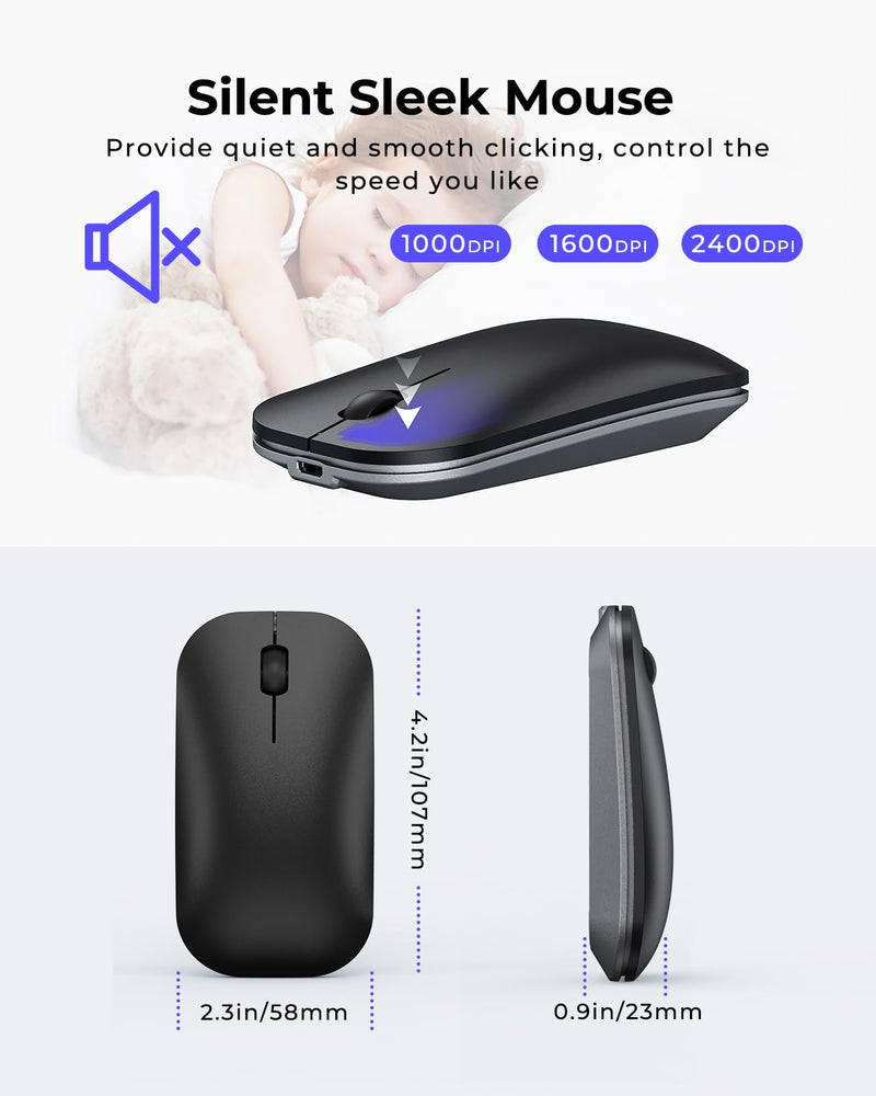 Wireless Bluetooth Keyboard and Mouse Combo (USB + Dual BT), seenda Multi-Device Rechargeable Slim Keyboard and Mouse, Compatible for Win 7/8/10, MacBook Pro/Air, iPad, Tablet - Black Gray