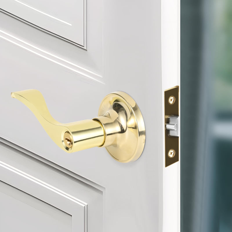 High-Security Stainless Steel Round Ball Door Handle with Lock & Key,Door Lever for Front Door, Bedroom, and Interior(Gold) Gold-Round-lever