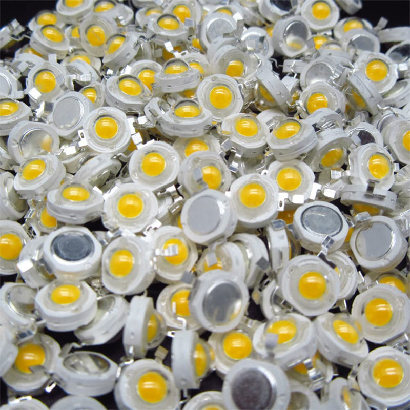 Vrabocry 50-pcs high power LED chip 3W warm white (3000K-3500K with input 560mA-700mA connection DC 3V-3.4V with 3 watts) super bright intensity SMD COB light emitter components diode 3W bulb lamp warm white 3000k