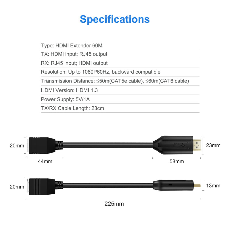 Wiistar HDMI Extender Over Cat5e/6 HDMI to RJ45 Extender Ethernet Network Converter Cable Repeater 1080P up to 60m HD MI Transmitter and Receiver for HDTV STB