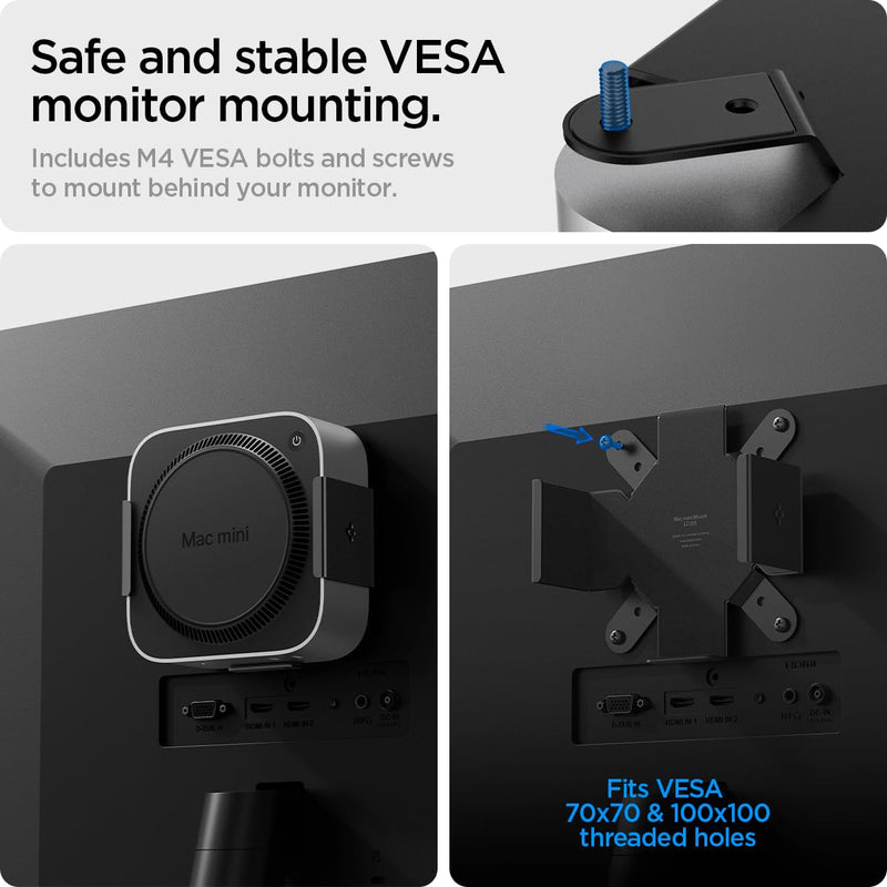 Spigen Mount Designed for Mac mini M4/M4 Pro (2024) VESA Anti-Scratch Behind Monitor, Under The Desk, Wall Stand VESA Hole Strong Adhesive LD205 - Black AMP09226