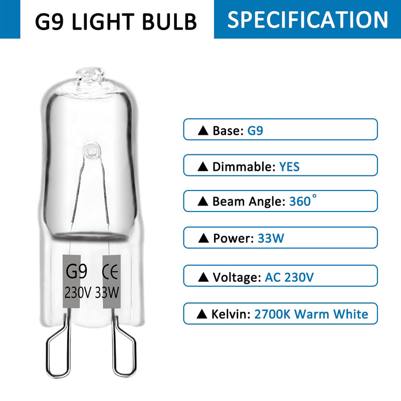 Halogen bulbs G9 33W 230V, 2700K warm white 460lm dimmable, G9 clear halogen plug-in bulbs for wall lamps, chandeliers, floor lamps, 10 pieces 33.0 watts