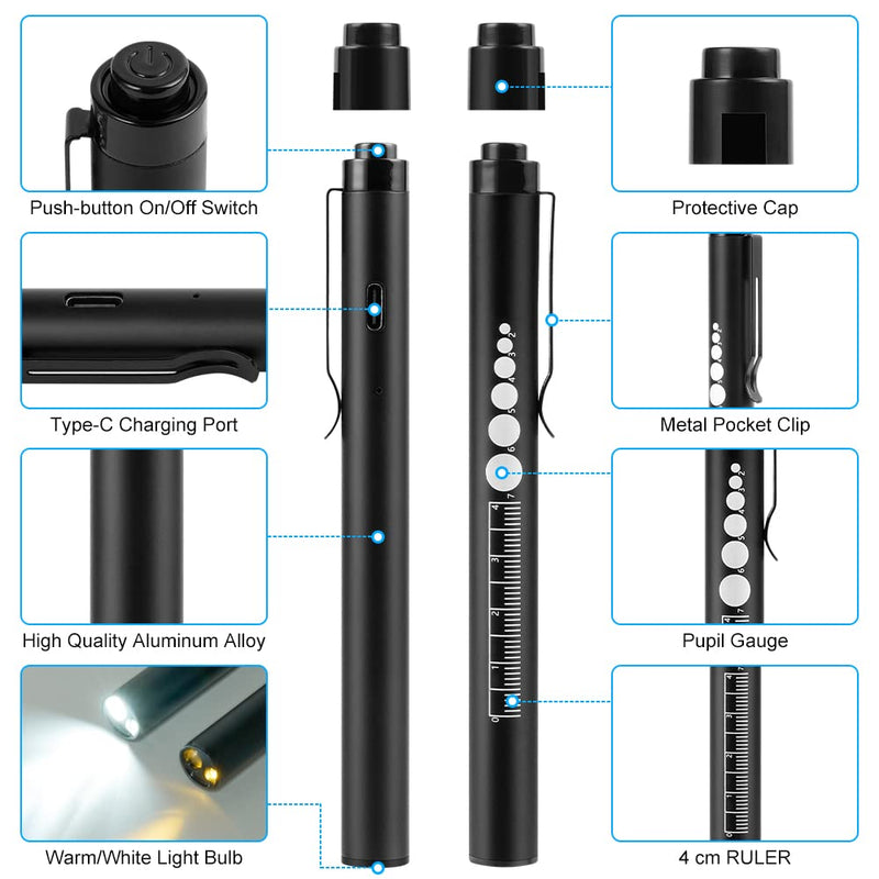 flintronic Pupil Light Medicine, Diagnostic Light Nurse Emergency Service Accessories with Pupil Measuring Device and Ruler, Rechargeable USB LED Penlight for Nurse Student Doctors #3 Black 1 Piece