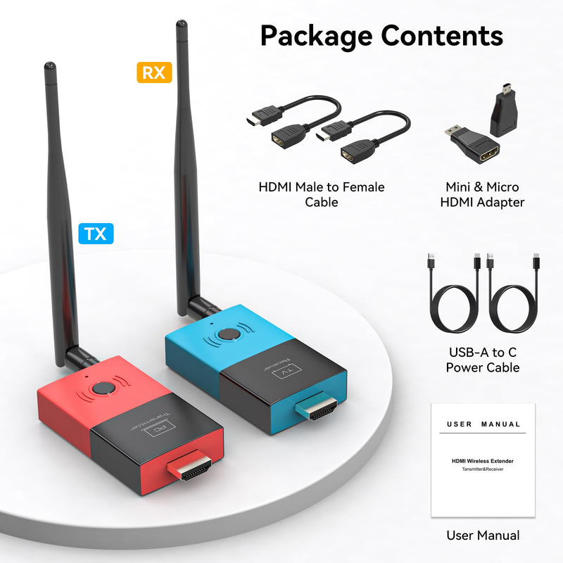 Wireless HDMI Transmitter and Receiver Plug & Play 2.4G+5.8G Wireless HDMI Extender 328FT/100M Support 4K Decode 1080P@60Hz for PC Laptop Camera Cable Box to TVs Monitors Projectors