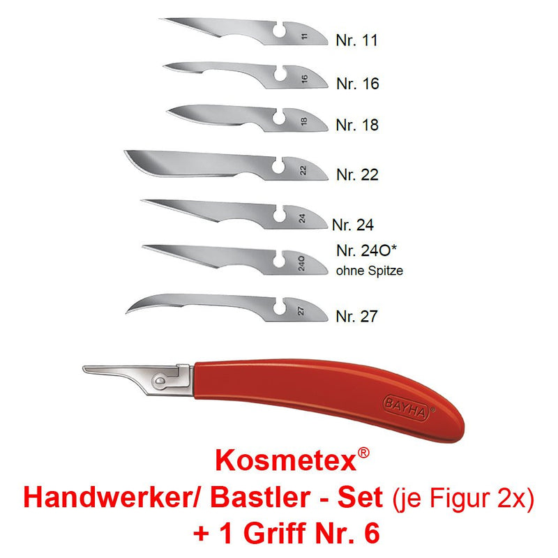 Craftsman Set: 14x Bayha Mix scalpel blades and handle No.6 from Kosmetex, individually packaged, set: Craftsman - Handle