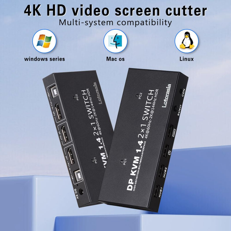 Displayport KVM Switch 1 Monitor 2 Computers, 4K@60Hz DP KVM Switch 2 in 1 Out USB KVM Switcher with 4 USB Ports, Include Desktop Controller, 2 USB Cables and Power Adapter