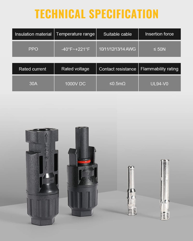 BougeRV 12 PCS Solar Connectors with Spanners Solar Panel Cable Connectors 6 Pairs Male/Female(10AWG) 6 Pairs 10AWG Male/Female & 1 pair of spanners