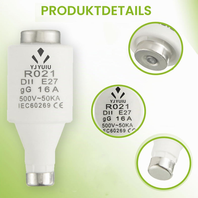 10 x R021 DII E27 Ceramic Fuse Inserts 16A 500V 50ka gG