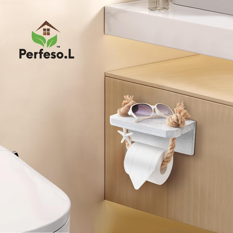 Farmhouse Toilet Paper Holde, Nautical Rope Beach Toilet Paper Roll Holder Pre-Assembled, Morden Farmhous Bathroom Decor Wall Mounted, Starfish Rope Coastal Towel Rack with Wood Shelf Weathered White