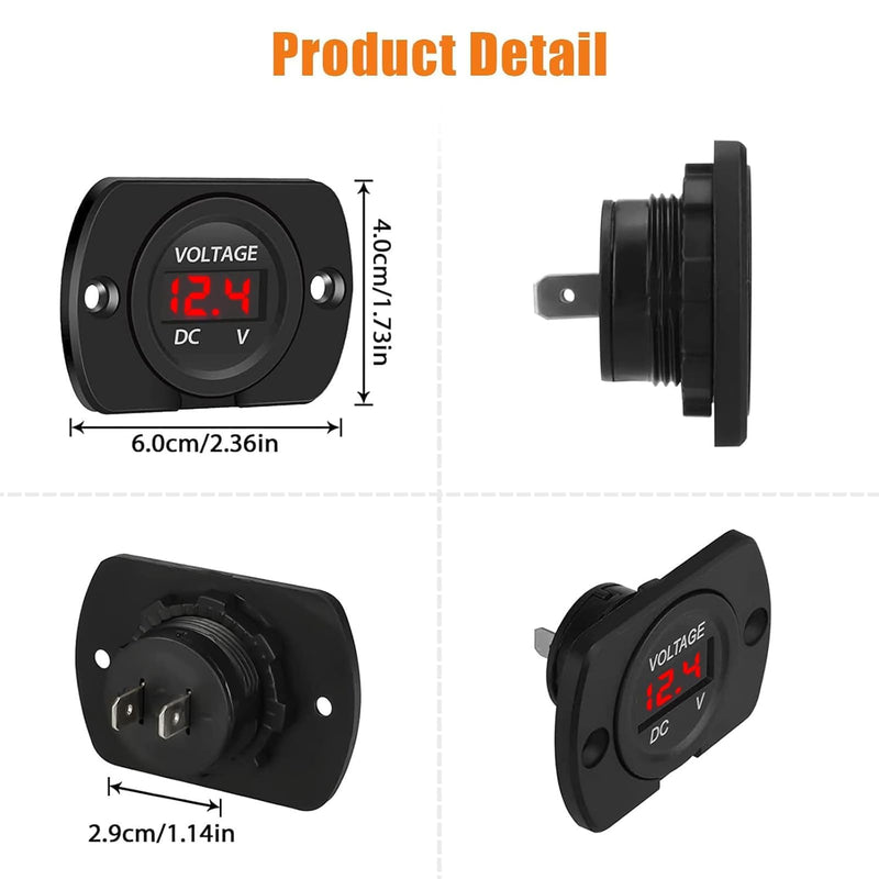 DC 12V 24V Car Voltmeter with LED Digital Display and Mounting Plate, Waterproof Voltage Gauge Meter with Terminals for Boat Marine Vehicle Motorcycle Truck, Round Voltage Gauge Meter with Red Light Red with panel