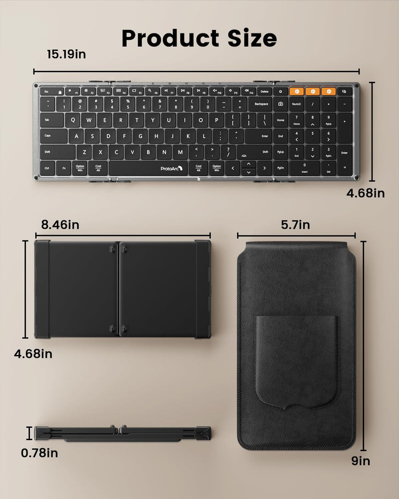 ProtoArc Backlit Foldable Keyboard, XK01 Plus Folding Portable Bluetooth Keyboard for Travel, Full Size External Wireless Keyboard with Backlight for iPad Surface Tablet Smartphone Laptop PC