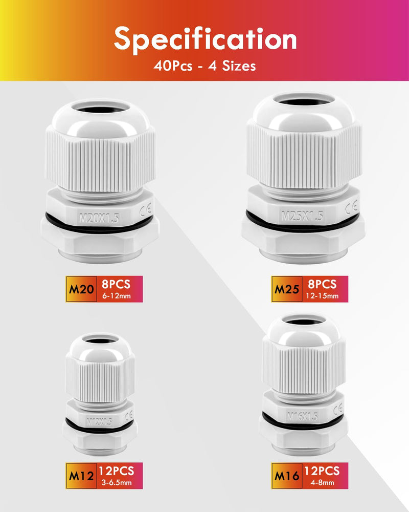 Cable gland set, Gorffy 40 pieces IP68 cable gland waterproof M12 M16 M20 M25, cable glands for outdoor garden switch box junction box, plastic nylon cable glands 40 pieces